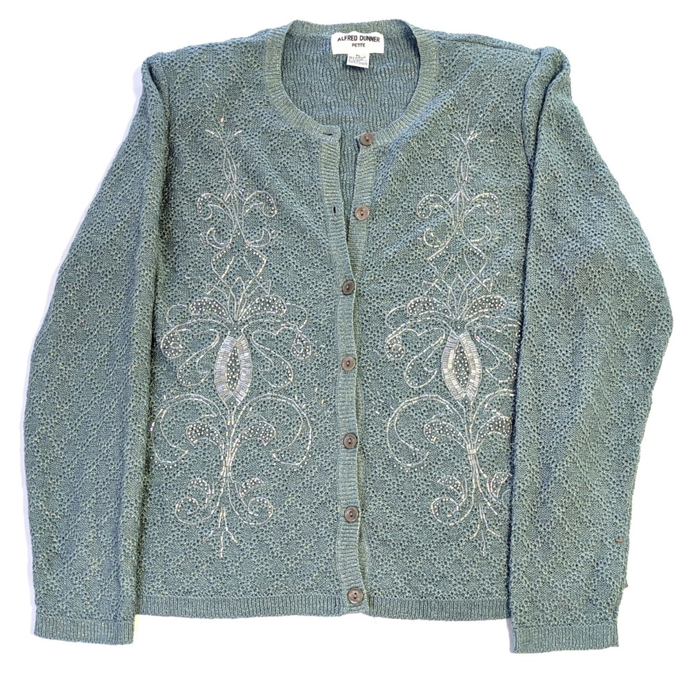 Alfred Dunner Petite Sage Blue Green Teal Metallic Beaded Cardigan Sweater PL